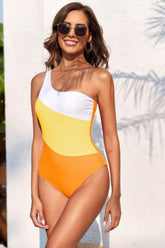 Color Block One Shoulder One Piece Swimsuit